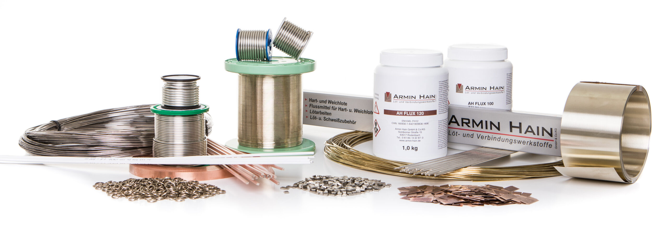 Assortment of Armin Hain brazing filler metals: braze alloy wire, rod and foil, soft solder spools, preforms and AH FLUX products